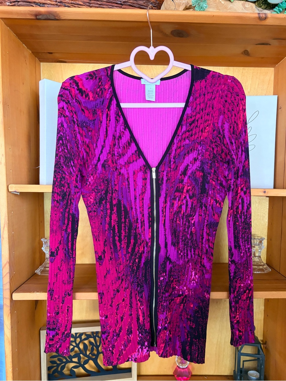 Caché Magenta Purple Abstract Zip-Front Top Y2K Style Size M Knit - Picture 2 of 5